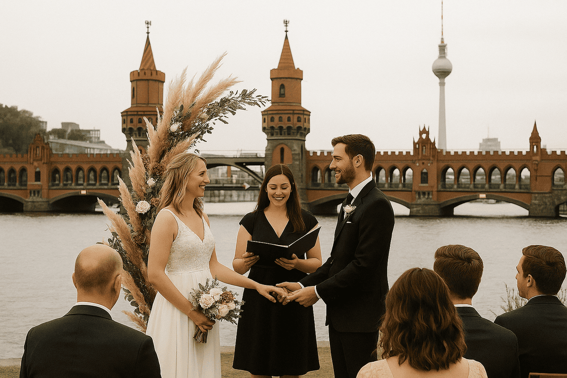 Hochzeit Berlin Location mit moderner Dekoration und Brautpaar