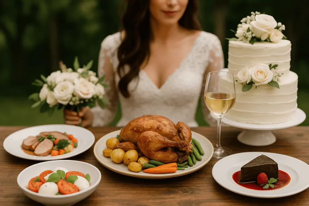 Festliches Hochzeitsessen Berlin mit frisch angerichteten Tellern, Gemüsebeilagen und Fleischgerichten auf einer elegant gedeckten Tafel.