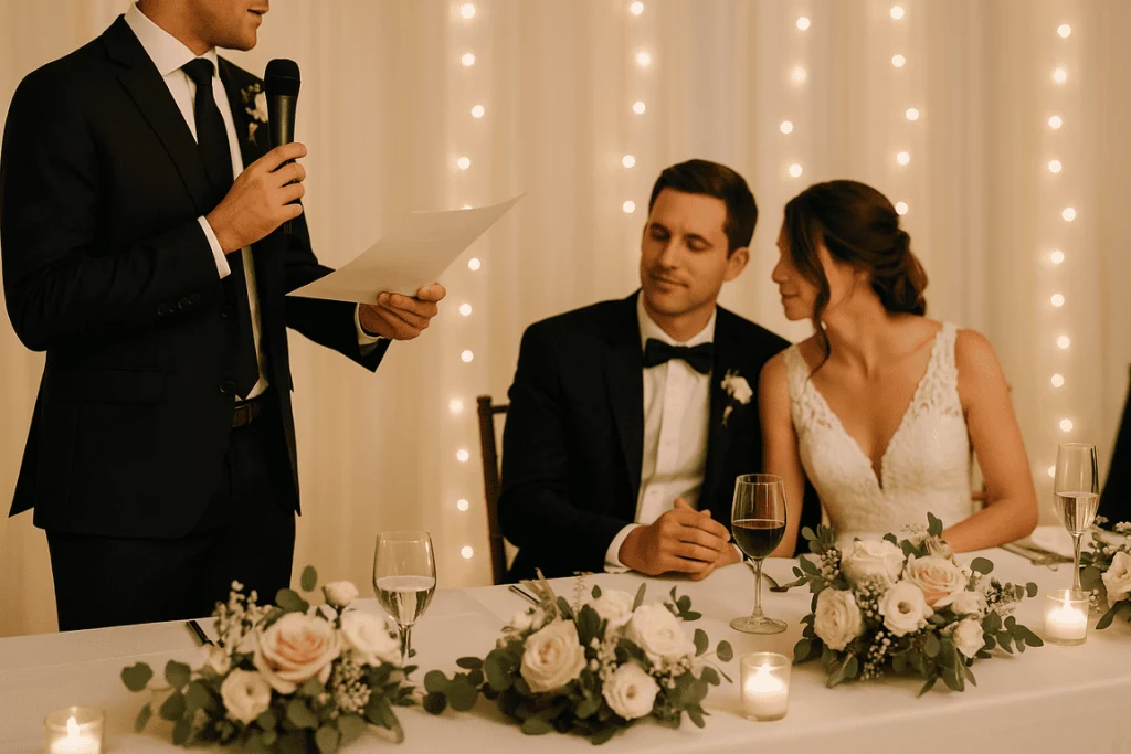 Brautvater hält eine emotionale Hochzeitsrede vor Gästen