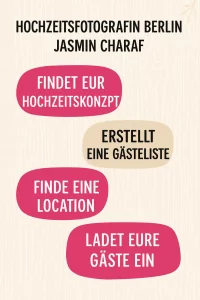 Grafik zur Hochzeitsvorbereitung mit Brautkleid, Hochzeitstorte, Fotograf, Dekoration und Sitzordnung – im Designstil von Hochzeitsfotografin Berlin Jasmin Charaf