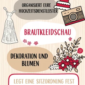 Infografik mit Bastelideen, Entspannungstipps und Hinweis auf den Hochzeitstag – visuell im Stil von Hochzeitsfotografin Berlin Jasmin Charaf gestaltet